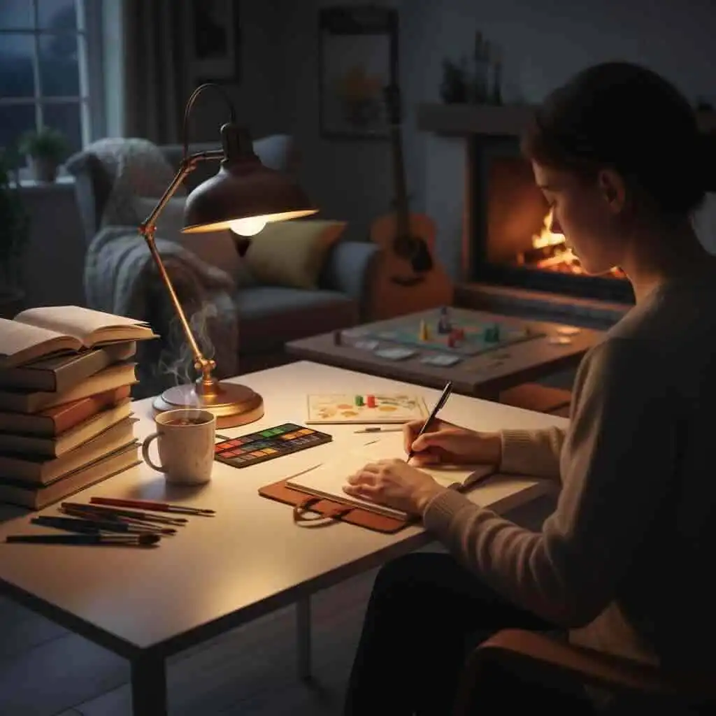 Relaxing night in with reading, puzzles, and a crackling fireplace for cozy comfort.