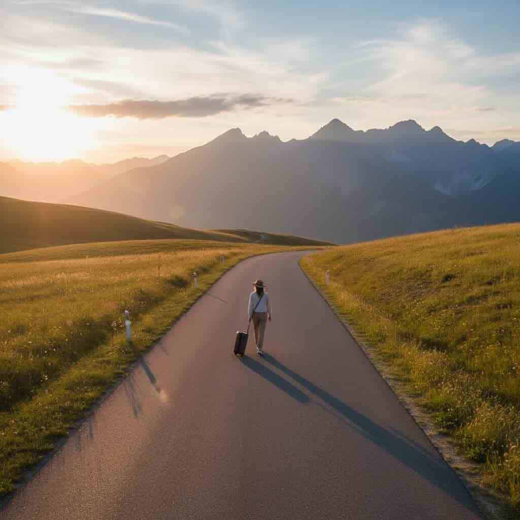 Traveler walking with suitcase on scenic mountain road at sunset.