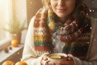 Close-up of a smiling woman holding a mug of hot lemon tea with fresh oranges on table.