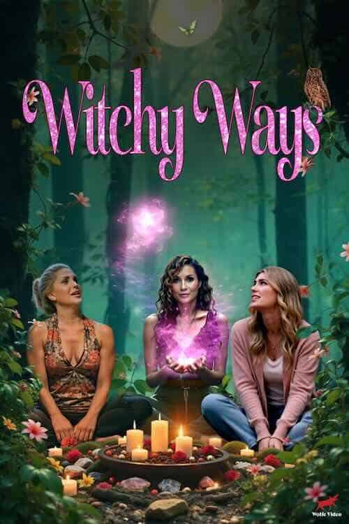 Witches casting spells outdoors with candles and magical energy in a mystical forest scene.