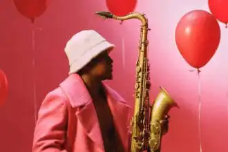 A stylish jazz musician in a pink coat and beige hat holding a saxophone against a pink background with red balloons.