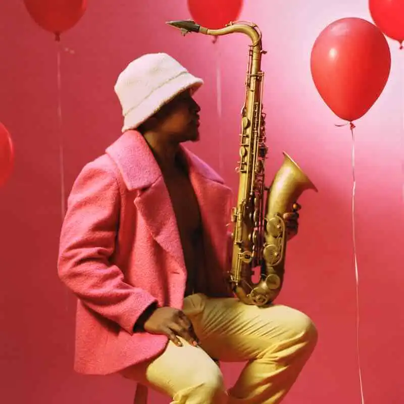 A stylish jazz musician in a pink coat and beige hat holding a saxophone against a pink background with red balloons.