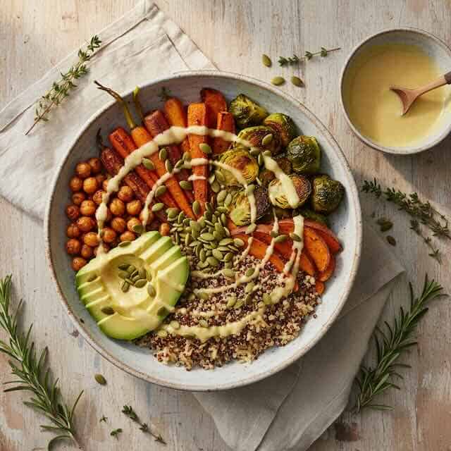 Vibrant vegan bowl with roasted vegetables, quinoa, avocado, chickpeas, and tahini dressing. Healthy, colorful plant-based meal.