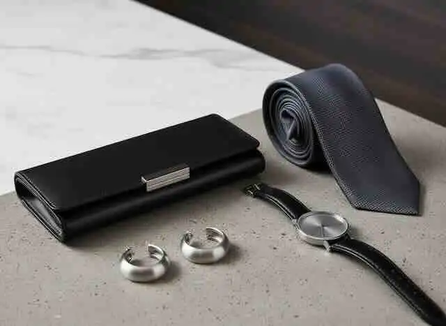 close up of metallic earrings and a sleek clutch beside a minimalist watch and tie