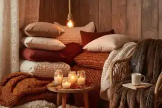 Soft warm blanket on bed with assorted pillows, candles, and fallen leaves.
