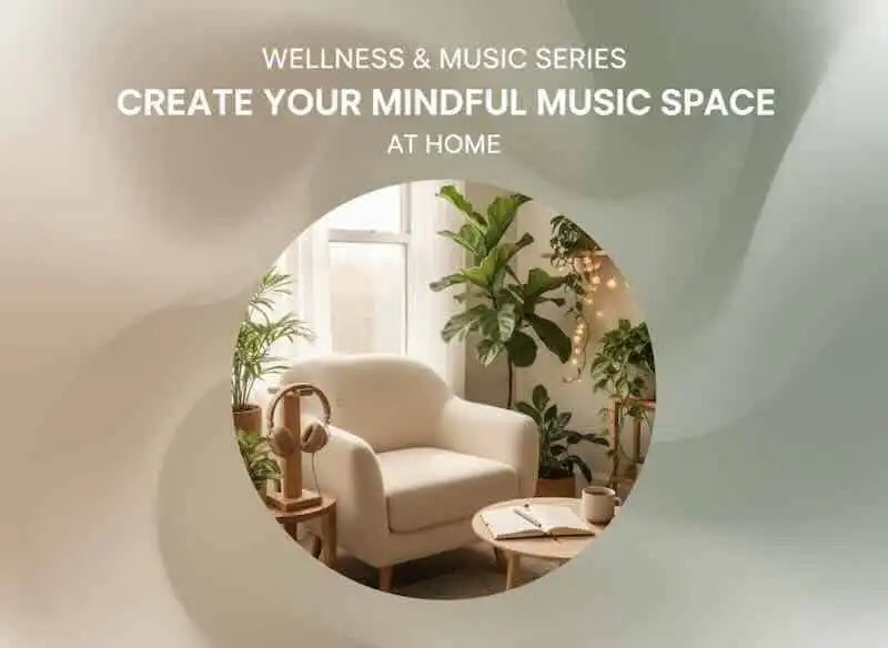 Cozy home music relaxation setup with plants and comfortable seating.