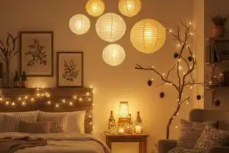 Warm lit bedroom with paper lanterns and fairy lights, creating a relaxing and inviting atmosphere.