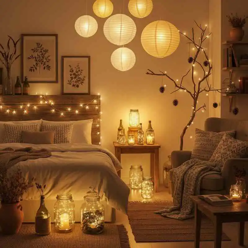 Warm lit bedroom with paper lanterns and fairy lights, creating a relaxing and inviting atmosphere.