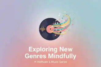 High-quality image of a vinyl record with colorful musical notes representing exploring new genres for wellness and mindfulness.