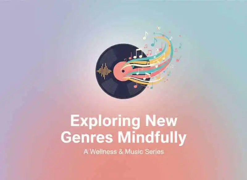 High-quality image of a vinyl record with colorful musical notes representing exploring new genres for wellness and mindfulness.