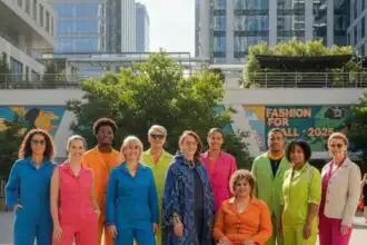Multiethnic group of individuals wearing colorful clothing outdoors in an urban setting.