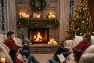 Interior scene of a family enjoying a cozy Christmas by the fireplace with decorated tree, candles, and warm lighting.