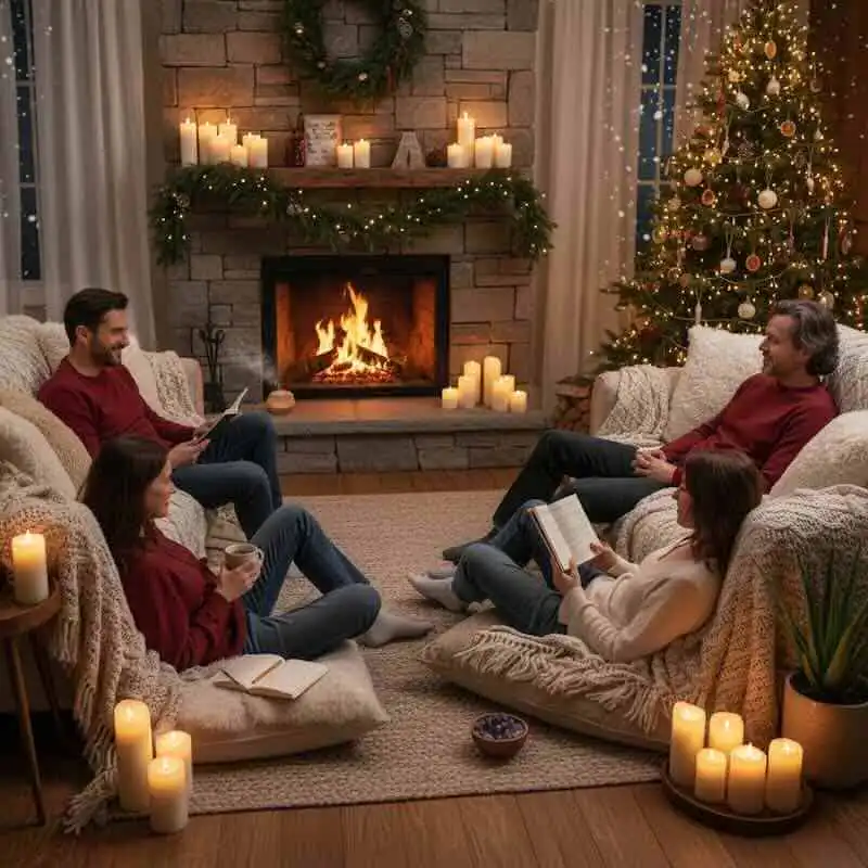 Interior scene of a family enjoying a cozy Christmas by the fireplace with decorated tree, candles, and warm lighting.