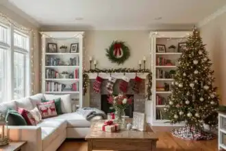 Festive holiday living room with Christmas tree, stockings, and warm lighting.