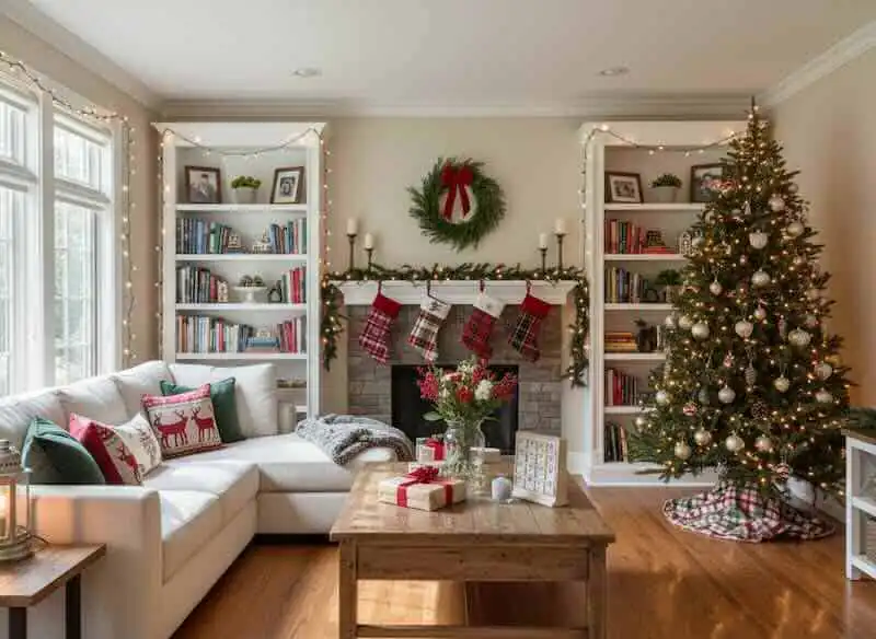 Festive holiday living room with Christmas tree, stockings, and warm lighting.