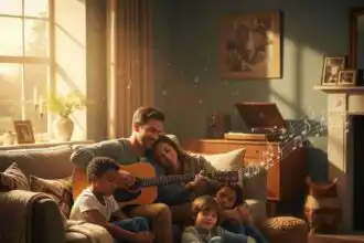 Enjoying a cozy family moment with guitar playing and singing indoors.