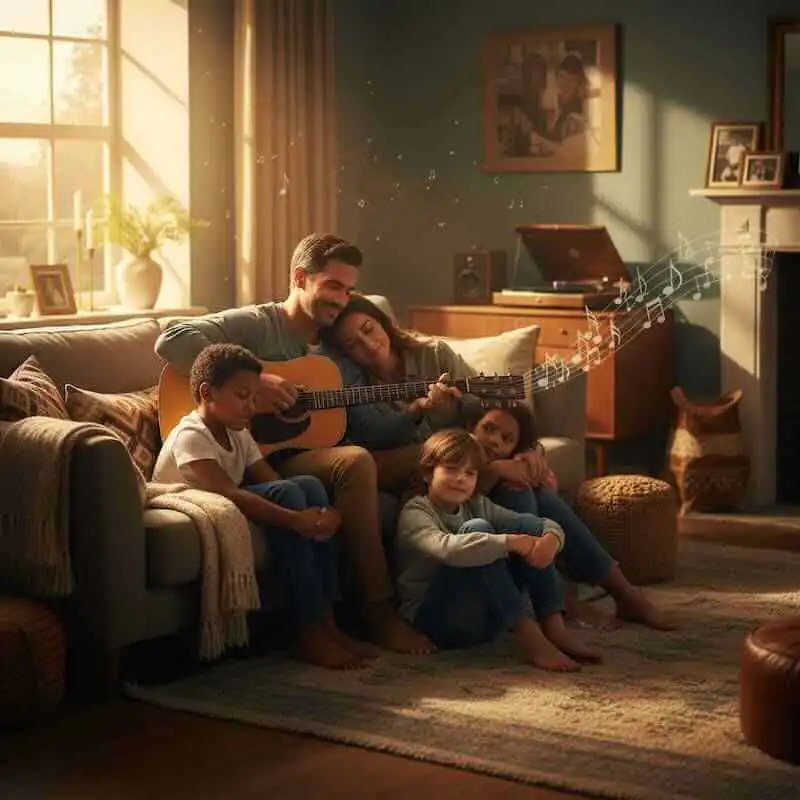 Enjoying a cozy family moment with guitar playing and singing indoors.