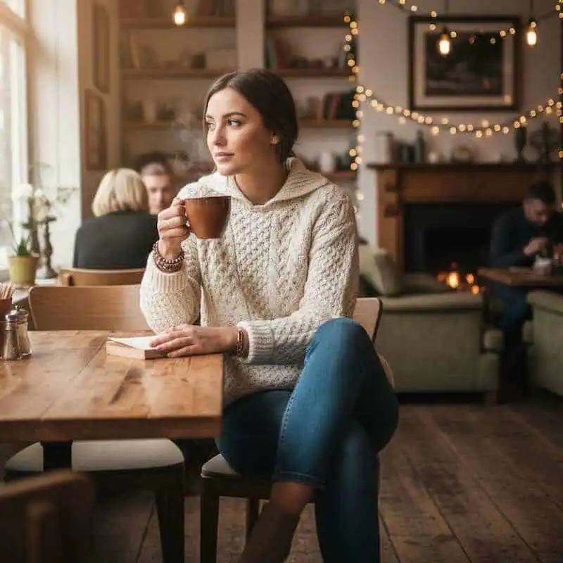 Women enjoying coffee in a warm cafe setting with festive lights.