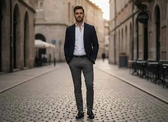 man dressed in a white shirt layered with a dark blazer and slim fit trousers