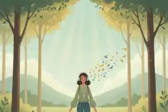 Relaxing nature scene with woman meditating and listening to music outdoors.