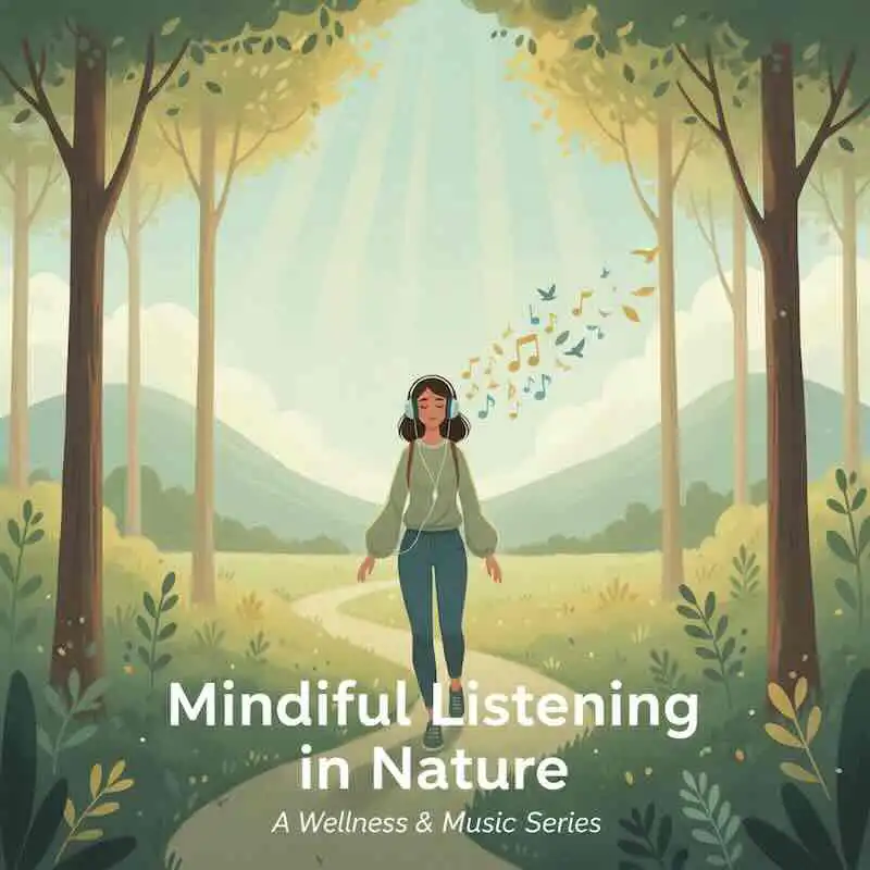 Relaxing nature scene with woman meditating and listening to music outdoors.