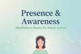 Alt text: Woman listening to music in meditation with headphones, promoting mindfulness for music lovers.