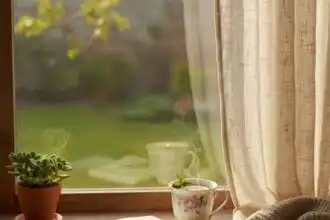 A peaceful morning scene with an open book, coffee mug, and a cozy blanket by a sunlit window.