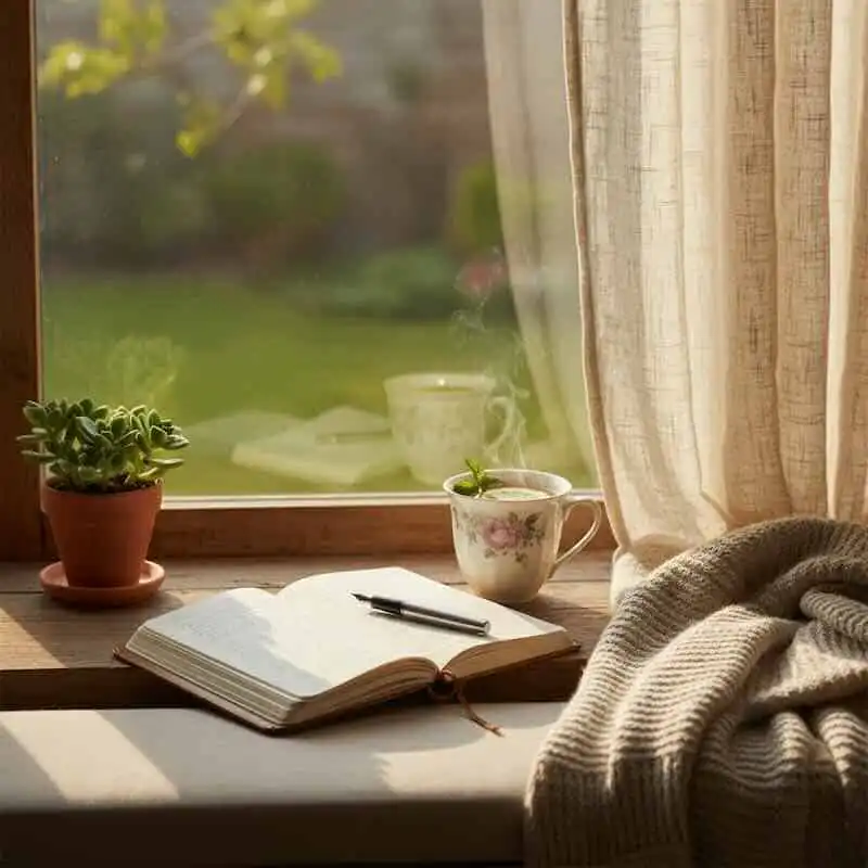 A peaceful morning scene with an open book, coffee mug, and a cozy blanket by a sunlit window.