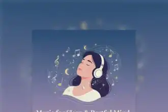 Peaceful woman listening to soothing music with headphones, ideal for sleep and relaxation.