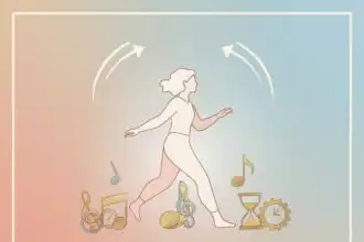 Relaxed, mindful woman walking with musical symbols behind her, symbolizing overcoming challenges in music practice.