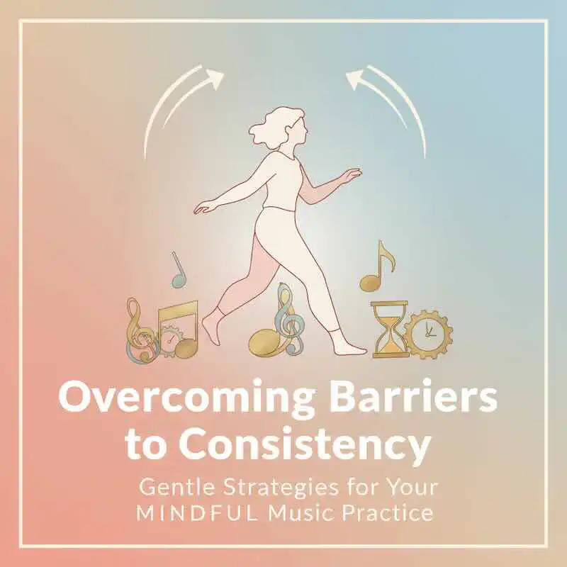 Relaxed, mindful woman walking with musical symbols behind her, symbolizing overcoming challenges in music practice.