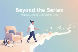 Calming music journey visual with a person walking on a musical path, promoting mindfulness and stress relief.