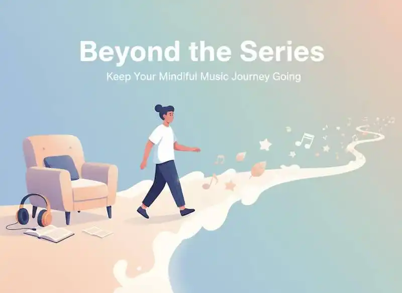 Calming music journey visual with a person walking on a musical path, promoting mindfulness and stress relief.