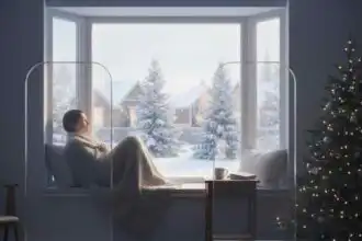 A woman relaxing by the window with a snowy winter landscape outside, Christmas tree decorated inside.