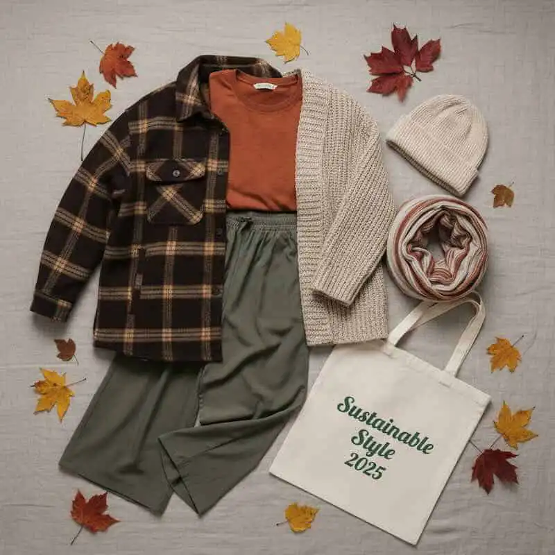 Warm layered autumn clothing for sustainable fashion enthusiasts.