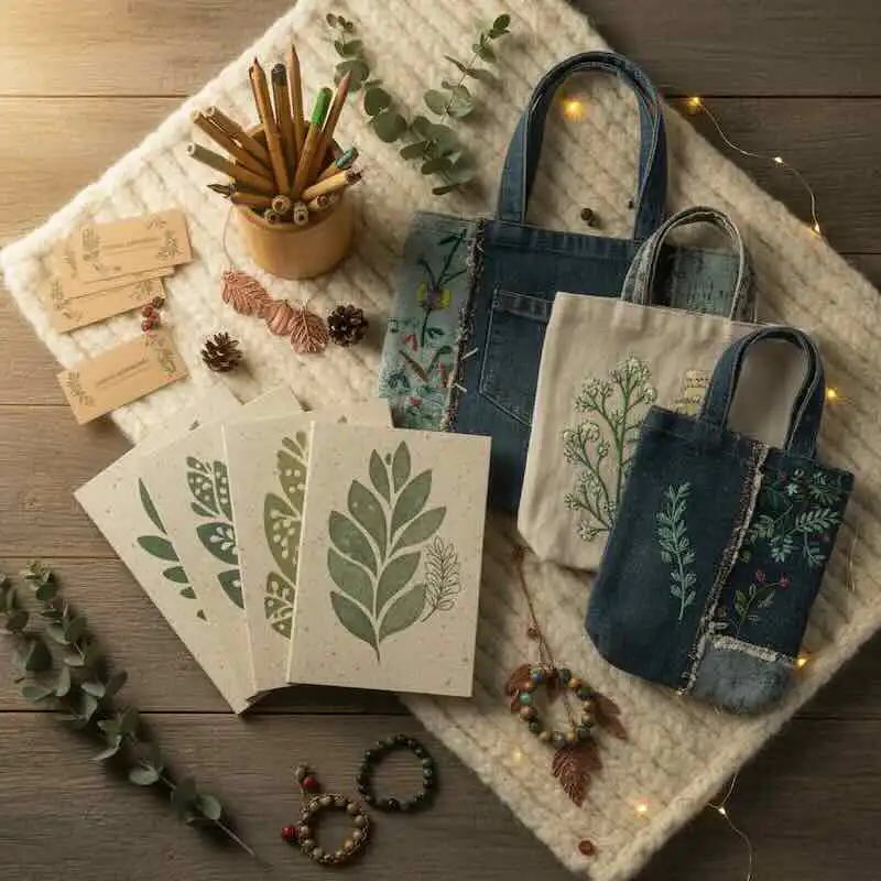 Eco-friendly tote bags with botanical prints.