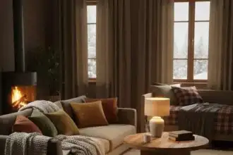 Comfortable living room with sofa, warm lighting, and fireplace scene.
