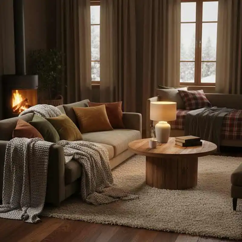 Comfortable living room with sofa, warm lighting, and fireplace scene.
