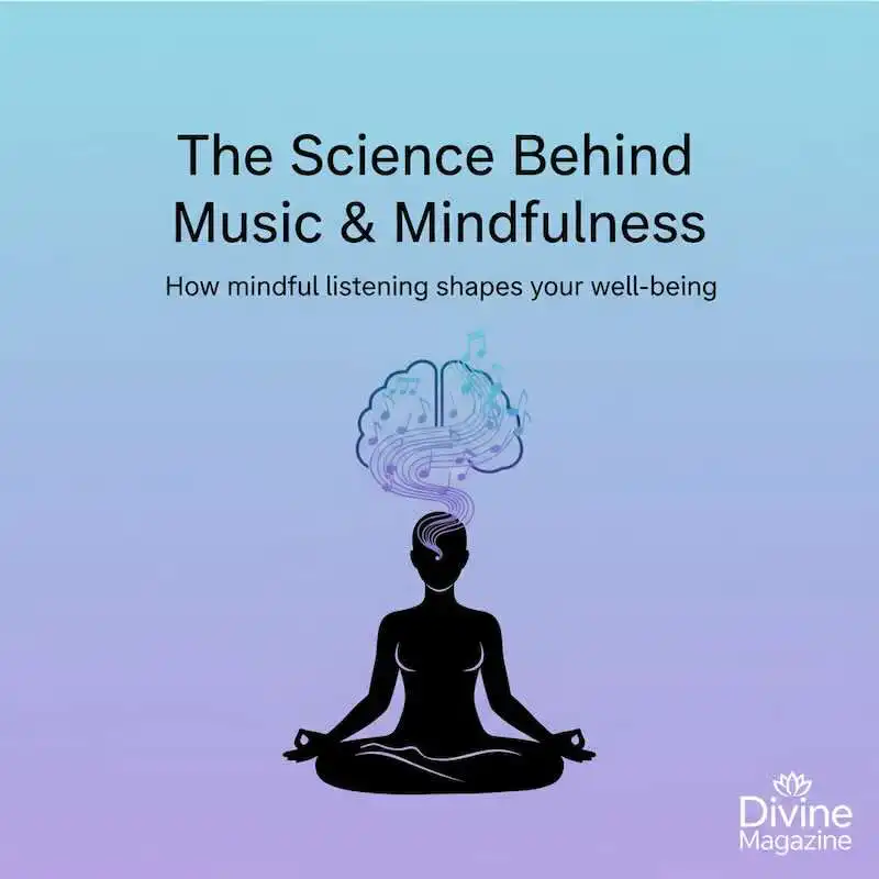 Illustration of a person meditating with musical notes and brain overlay, emphasizing mindfulness and mental health benefits.