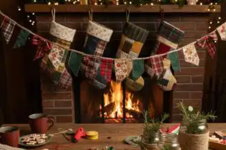 Colorful stockings hanging by the fireplace, holiday wreath, and cozy table setting with Christmas ornaments and gifts.