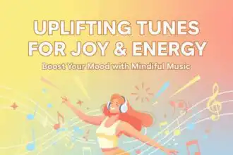 A woman enjoying music with headphones surrounded by colorful musical notes and vibrant background.