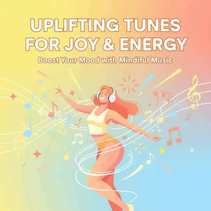 A woman enjoying music with headphones surrounded by colorful musical notes and vibrant background.