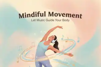 Woman enjoying music and dance with headphones, surrounded by musical notes and colorful swirls.