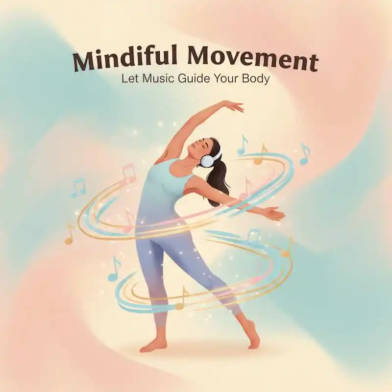 Woman enjoying music and dance with headphones, surrounded by musical notes and colorful swirls.