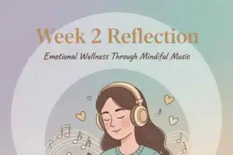 Alt text: Woman listening to music with headphones, reflecting and writing, surrounded by musical notes and hearts.