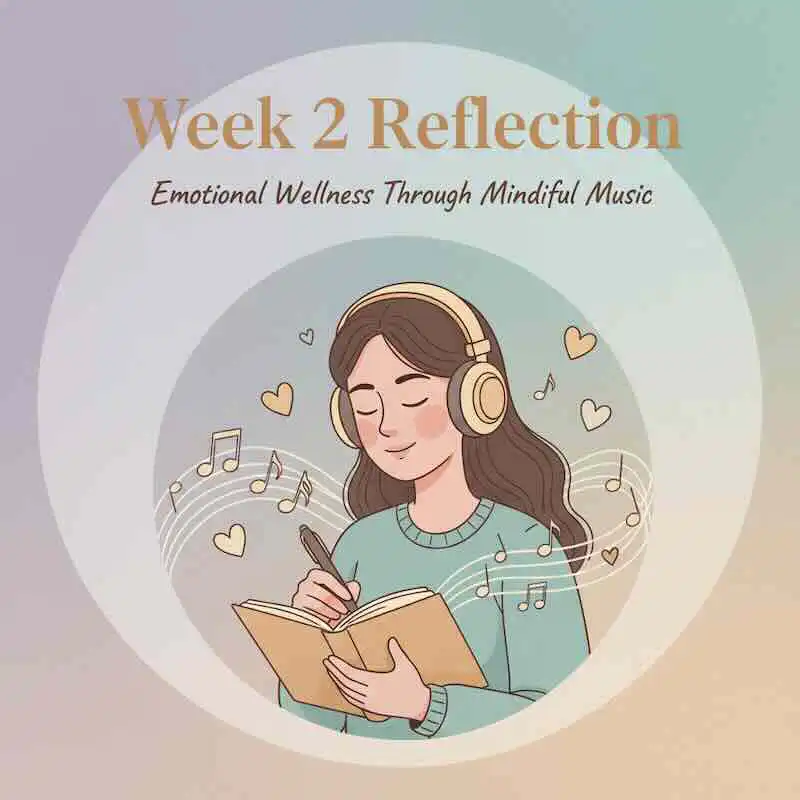 Alt text: Woman listening to music with headphones, reflecting and writing, surrounded by musical notes and hearts.