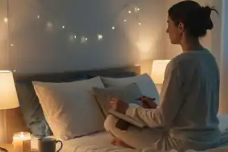 Photo of woman sitting on bed, reading a book in a cozy, softly lit bedroom with string lights and warm ambiance.