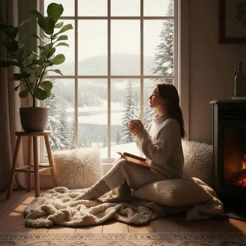 Women reading by fireplace during snowstorm, warm indoor scene.