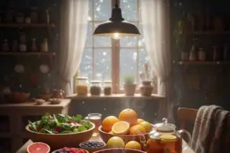 Healthy breakfast with fresh fruits, vegetables, tea, and oatmeal in a rustic kitchen setting.