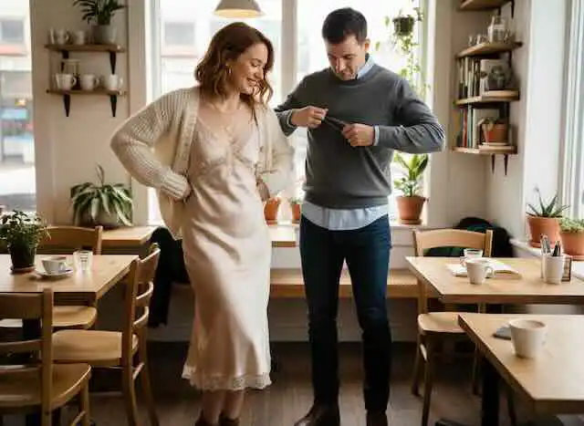 woman layering a sweater over a slip dress; man layering a sweater over a shirt
